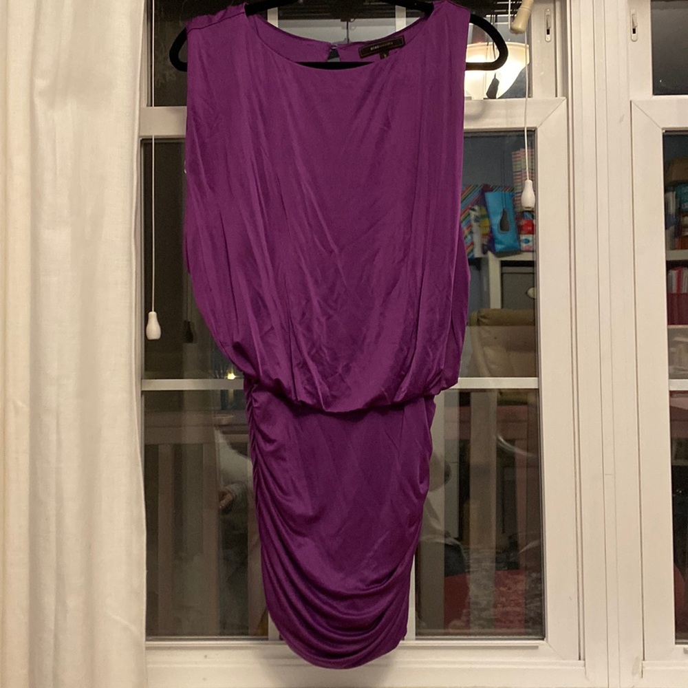 BCBG eggplant sleeveless cocktail dress with ruching on skirt